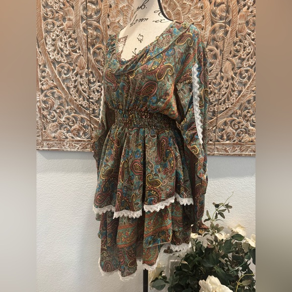 Pink and Silver Gypsy Bohemian Asymmetrical Layered Midi Dress w/ Crochet Trim - Picture 4 of 16